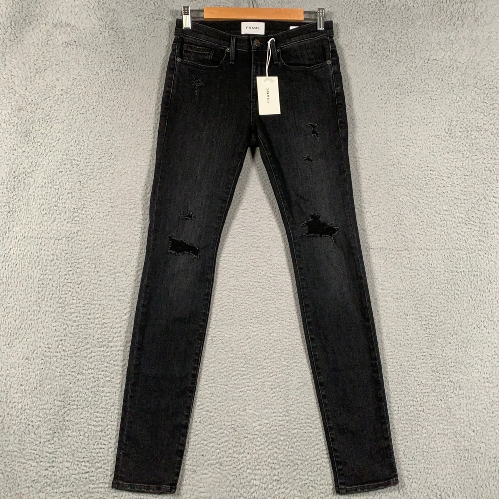 Frame L'Homme Skinny Jean Mens 28 Black Villain Distressed Ripped Mid Rise Denim